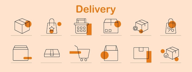 El icono del conjunto de entrega del paquete, la bolsa de compras, la canasta, la caja de comercio electrónico, el pedido en línea, el envío, la entrega del producto, el envío de la tienda, la logística, el mensajero minorista, la compra, el inventario de bienes de consumo.