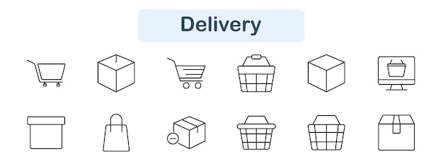 El icono del conjunto de entregas El paquete del carrito de compras La bolsa de la billetera La caja de la bolsa La compra al por menor En la caja en línea La cesta de pedidos La venta del producto El comercio El envío La entrega La logística El pago digital