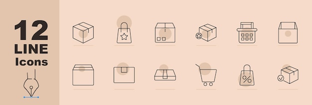 Icono del conjunto de envases Bolsa de compras con estrella Caja de producto con ubicación Paquete con estrella Calendario paquete de comercio electrónico Caja de envío Paquete verificado Paquete de cesta de comercio electrónico Porcentaje de etiqueta Paquete