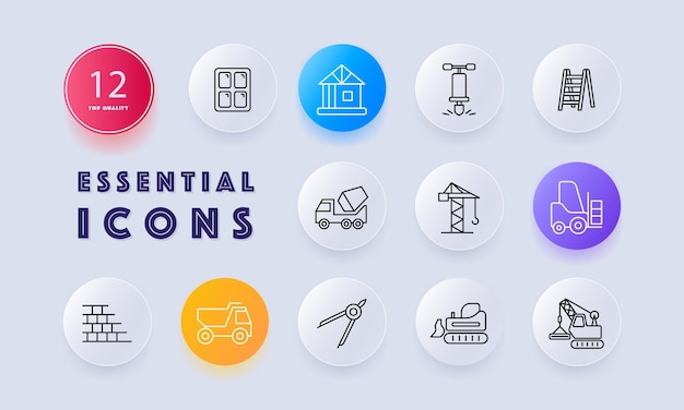 Icono de conjunto de equipos de construcción Equipamiento pesado de ventana escalera grúa vehículo para el transporte de carga brújula estructura de la casa mecanismo de perforación de la pared Concepto de construcción Estilo de neomorfismo