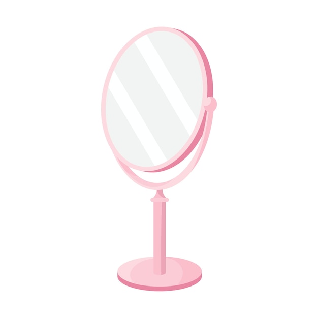 Icono de conjunto de espejos de vanidad Un espejo de maquillaje redondo rosado en un soporte contra un fondo azul Utilizado para rutinas de belleza cuidado de la piel y aseo