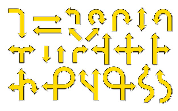 Vector icono de conjunto de etiqueta de señal de carretera amarilla plana de navegación o flecha de dirección de dirección varios tráfico de puntero