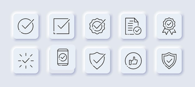 Ícono de conjunto de éxito Marca de verificación verde Cruz roja comprobada hecho monitor portapapeles logro confirmado recibido suerte Concepto de marca de verificación Neomorfismo Icono de línea vectorial para negocios