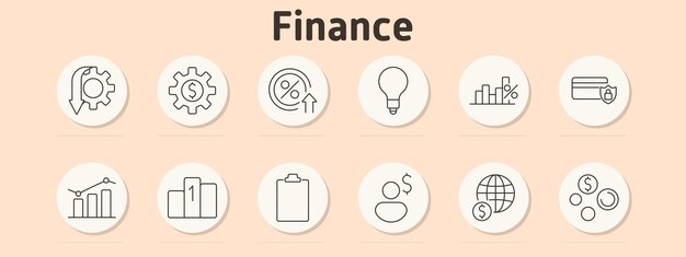 El icono del conjunto de finanzas Gear con flecha Gear dólar porcentaje de crecimiento gráfico de barra de bombilla tarjeta de crédito escudo gráfico rascacielos clipboard mano con monedas de globo de dólar