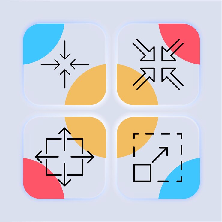 Vector icono de conjunto de flechas de acercamiento y alejamiento botones de navegación maximizar minimizar escala ángulos de visión del visor del jugador concepto de tecnología estilo de neomorfismo icono de línea vectorial para negocios