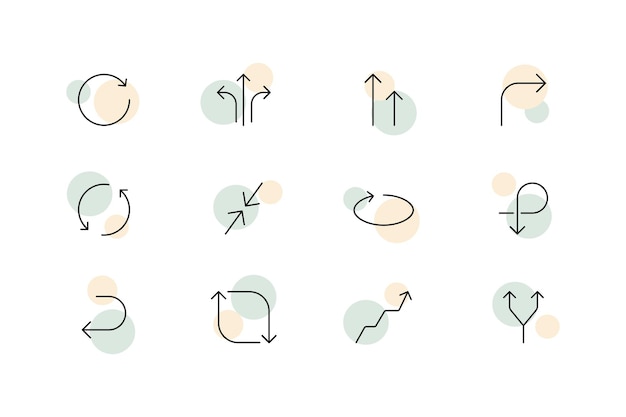 Icono de conjunto de flechas Letreros de información circular deshacer rehacer dirección arriba abajo siguiente crecimiento anterior hacia el concepto de señales bifurcadas triples Icono de línea vectorial para negocios y publicidad