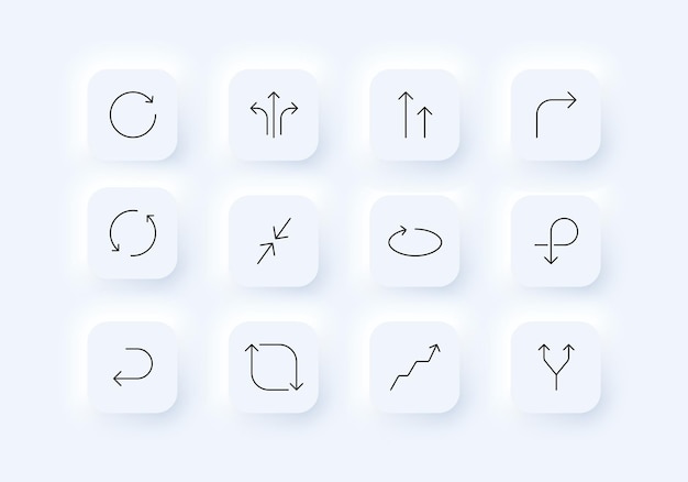 Icono de conjunto de flechas Letreros de información circular deshacer rehacer dirección arriba abajo siguiente crecimiento anterior hacia triple bifurcado Concepto de signos Neomorfismo Icono de línea vectorial