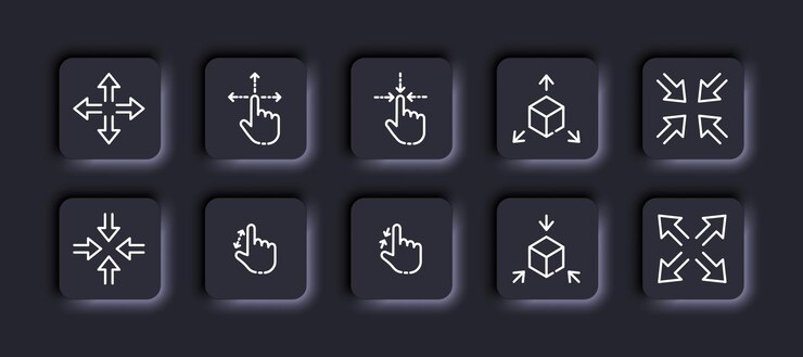 Vector icono de conjunto de flechas de navegación botones de acercamiento y alejamiento panel de control mano dedo mover cubo tridimensional 360 grados ángulos de visión concepto de tecnología estilo de neomorfismo icono de línea vectorial