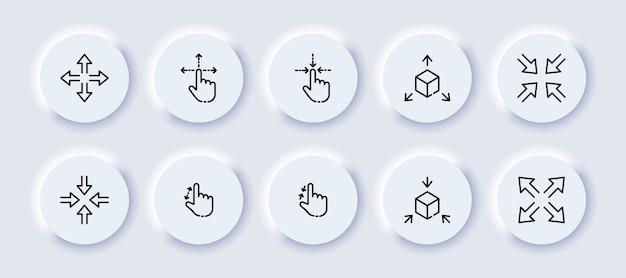 Icono de conjunto de flechas de navegación Botones de acercamiento y alejamiento panel de control mano dedo mover cubo tridimensional 360 grados ángulos de visión Concepto de tecnología Estilo de neomorfismo Icono de línea vectorial