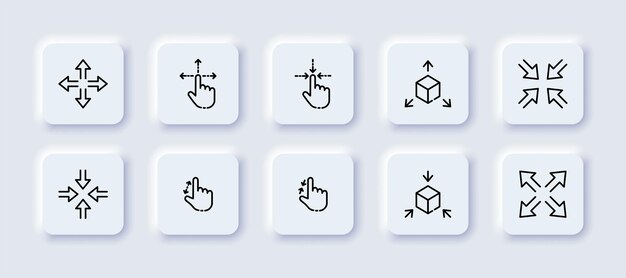 Icono de conjunto de flechas de navegación Botones de acercamiento y alejamiento panel de control mano dedo mover cubo tridimensional 360 grados ángulos de visión Concepto de tecnología Estilo de neomorfismo Icono de línea vectorial