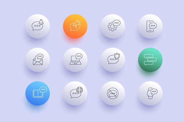 Icono de conjunto de fuentes de información Comunicación megáfono campana engranaje teléfono correo portátil antivirus libro mensaje tachado burbuja de habla sin comentarios Concepto de sociedad Neomorfismo Icono de línea vectorial
