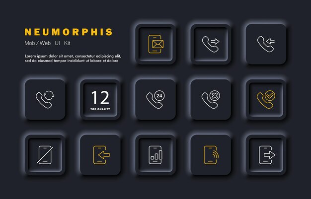 Icono de conjunto de funciones de teléfono correspondencia sms entrantes salientes llamadas perdidas auricular las 24 horas sin sonido concepto de teléfono estilo de neomorfismo icono de línea vectorial para negocios y publicidad