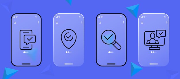 Ícono de conjunto de garrapatas comprobado listo portapapeles de puntero de monitor confirmado recomendado asesorar archivo de búsqueda correcto concepto de marca de verificación glassmorphism ui pantalla de la aplicación de teléfono
