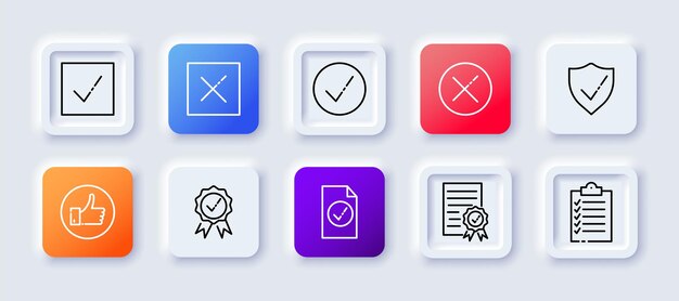 Icono de conjunto de garrapatas y cruces marca de verificación rechazo rechazo confirmar confirmación opción de respuesta aceptar acuerdo de prueba de rechazo concepto de tecnología estilo de neomorfismo icono de línea vectorial para negocios