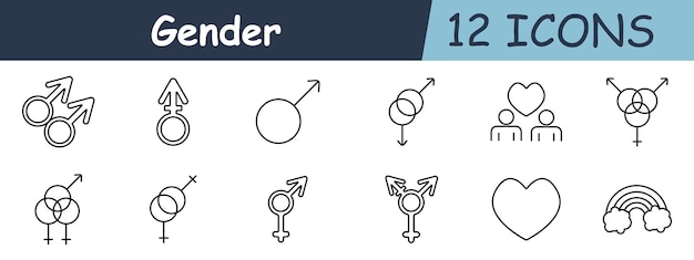 Icono de conjunto de género y diversidad Símbolos masculinos y femeninos Signo de corazón transgénero Arcoíris intersexual identidad de género no binaria Igualdad de amor LGBTQ