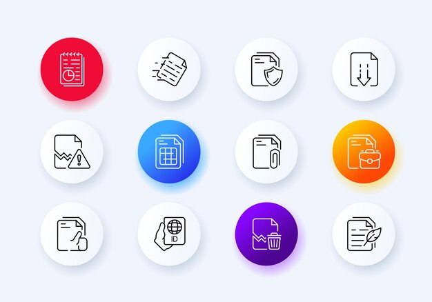 Icono de conjunto de gestión de archivos Notas de estadísticas papel de clip escudo digital maletín secreto tabla de gráficos Concepto de documento Estilo de neomorfismo Icono de línea vectorial para Negocios y Publicidad