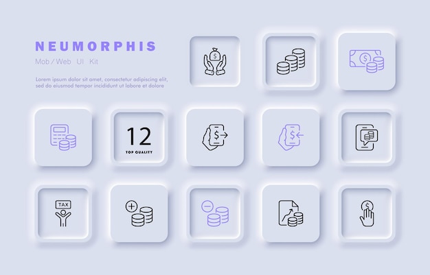 Icono de conjunto de gestión financiera Manos bolsa de dinero monedas dólar moneda calculadora contabilidad banca por Internet cuenta reposición pago impuesto Concepto de negocio Neomorfismo Vector icono de línea