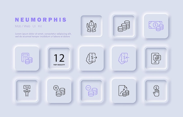 Icono de conjunto de gestión financiera manos bolsa de dinero monedas dólar moneda calculadora contabilidad banca por internet cuenta reposición pago impuesto concepto de negocio neomorfismo vector icono de línea