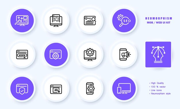 Icono de conjunto de gestión de sitios web Cobertura de estadísticas informáticas www en todo el mundo web seo lupa engranaje megáfono sistema de seguridad anuncio Concepto de tecnología Neomorfismo Icono de línea vectorial para negocios