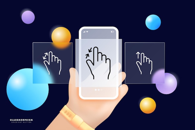 Vector icono de conjunto de gestos de control toque la pantalla toque toque las flechas de acercamiento y alejamiento desplace el dedo índice de la mano del teléfono del usuario glassmorphism pantallas de la aplicación de teléfono de interfaz de usuario icono de línea vectorial para empresas