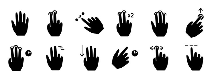 Vector icono de conjunto de gestos deslizar toque doble clic girar pellizco zoom desplazamiento gesto pantalla táctil interacción con la interfaz de usuario movimiento de la mano multitáctil gesto deslizar pellizco control