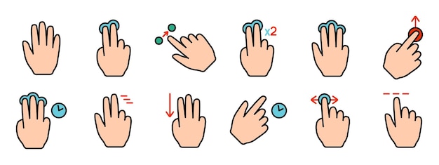 Icono de conjunto de gestos Deslizar toque doble clic girar pellizco zoom desplazamiento gesto pantalla táctil interacción con la interfaz de usuario movimiento de la mano multitáctil gesto deslizar pellizco control