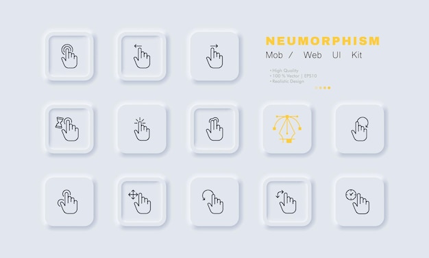 Icono de conjunto de gestos táctiles control de pantalla mano dedo índice empujar presione tocar izquierda derecha deslizar flecha cargando reloj de arena movimiento de reloj circular concepto de tecnología neomorfismo icono de línea vectorial