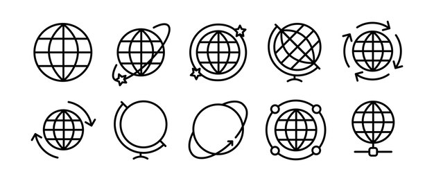 Icono de conjunto de globos Equipo de navegación puntero de ubicación viaje turismo ruta de destino planeta tierra navegador geolocalización gps Concepto de geografía Icono de línea vectorial sobre fondo blanco