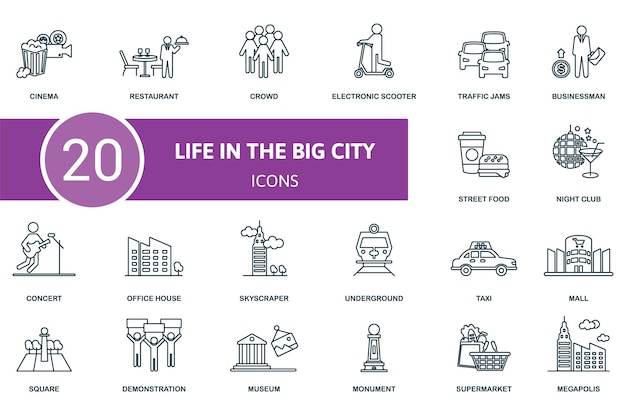 Icono del conjunto de la gran ciudad Contiene ilustraciones de la gran ciudad como restaurante scooter electrónico empresario y más