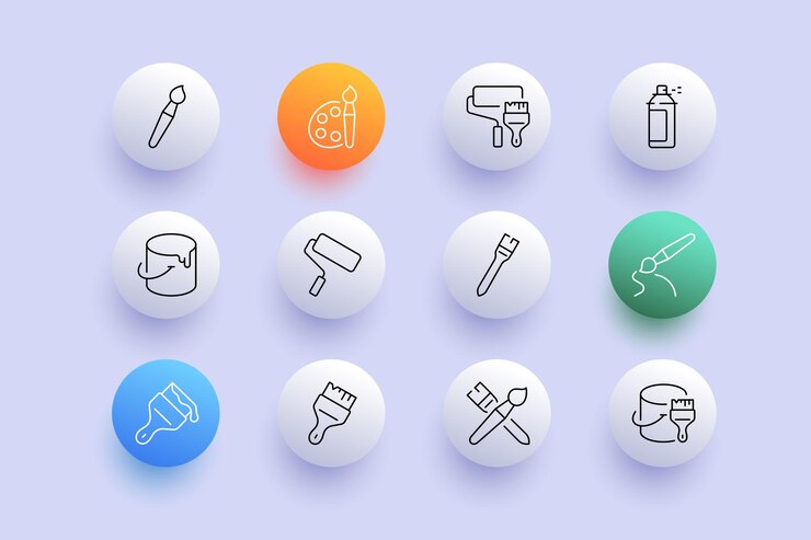 Icono de conjunto de herramientas de arte Cepillo tinte color lápiz rodillo cepillo dibujar pintura regla pintura dibujo representación lápiz habilidad arte Inspiración concepto Neomorfismo estilo Vector ilustración