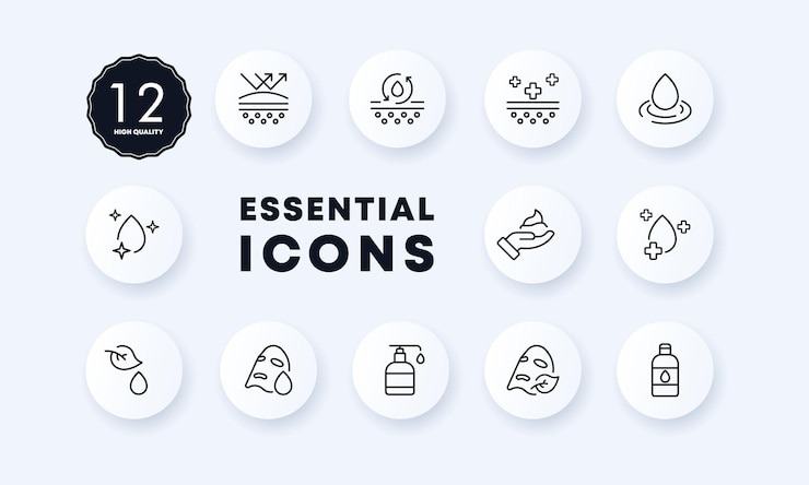 Icono de conjunto de hidratación de la piel Mascarilla hidratante crema limpieza de poros protección contra el acné saneamiento etc. Concepto de cuidado personal Estilo de neomorfismo Icono de línea vectorial para Negocios y Publicidad