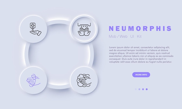 Icono de conjunto de higiene Jabón líquido antiséptico secador de manos lavado de manos esterilidad limpieza con jabón Concepto de saneamiento Estilo de neomorfismo Icono de línea vectorial para Negocios y Publicidad