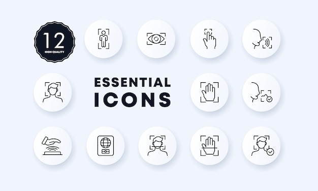 Icono de conjunto de identificación Biometría reconocimiento de huellas dactilares reconocimiento de voz nfs pasaporte extranjero, etc. Concepto de autenticación Estilo de neomorfismo Icono de línea vectorial para negocios y publicidad