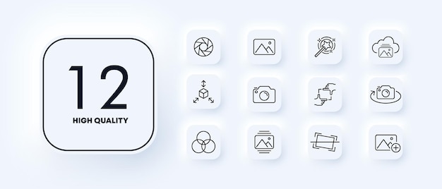 Icono de conjunto de imágenes Galería de cámaras lente fotográfica encuadre fotógrafo de filmación, etc. Concepto de imagen Estilo de neomorfismo Icono de línea vectorial para negocios y publicidad