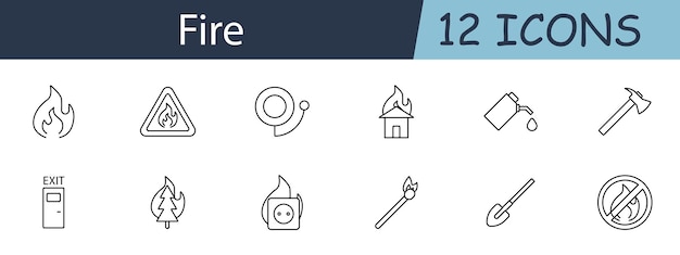 Icono de conjunto de incendios Incluye llamas extintores de seguridad contra incendios alarmas y símbolos de emergencia Ideal para servicios de emergencia de seguridad y conceptos de prevención de incendios Icono de línea vectorial sobre fondo blanco
