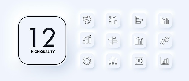 Icono de conjunto de infografía columnas de diagrama función ingresos ganancias análisis gráfico circular flechas, etc. concepto de análisis de datos estilo de neomorfismo icono de línea vectorial para negocios y publicidad