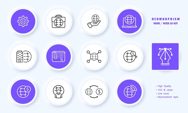 Icono de conjunto de infografías Estadísticas de jerarquía maletín sitio carrera crecimiento cartera intercambio reinicio configuración cuenta currículum Estilo de neomorfismo Icono de línea vectorial para negocios y publicidad