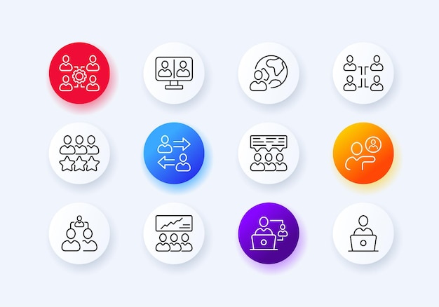 Icono de conjunto infográfico diagramas trabajo en equipo creación de equipos delegación capacitación trabajo en computadora concepto de negocio estilo de neomorfismo icono de línea vectorial para negocios y publicidad