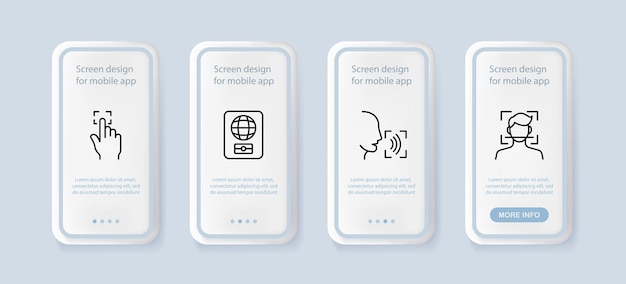 Icono de conjunto de información biométrica Escáner de huellas dactilares de datos Desbloqueo de voz ID de cara Concepto de tecnología Pantallas de aplicaciones de teléfono de interfaz de usuario Icono de línea vectorial para negocios y publicidad