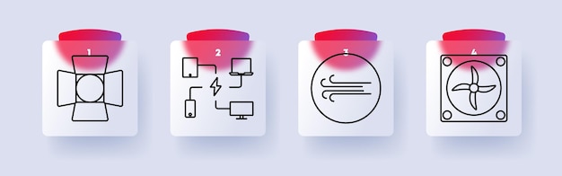 Icono del conjunto de ingeniería Luz de estudio Red eléctrica Flujo de aire Ventilador de refrigeración Sistema de ventilación Tecnología Hardware Mecánica eléctrica Infraestructura