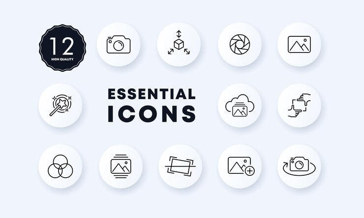 Icono de conjunto de instantáneas Cámara foto fotógrafo lente flash recorte galería filtros efectos ángulo de visión Concepto de fotografía Estilo de neomorfismo Icono de línea vectorial para Negocios y Publicidad