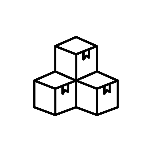 El icono del conjunto de inventario, el símbolo vectorial de almacenamiento de la caja del producto, la distribución, el signo de control de inventario en estilo negro, rellenado y delineado.