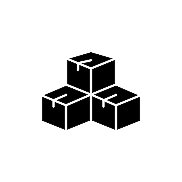 El icono del conjunto de inventario, el símbolo vectorial de almacenamiento de la caja del producto, la distribución, el signo de control de inventario en estilo negro, rellenado y delineado.