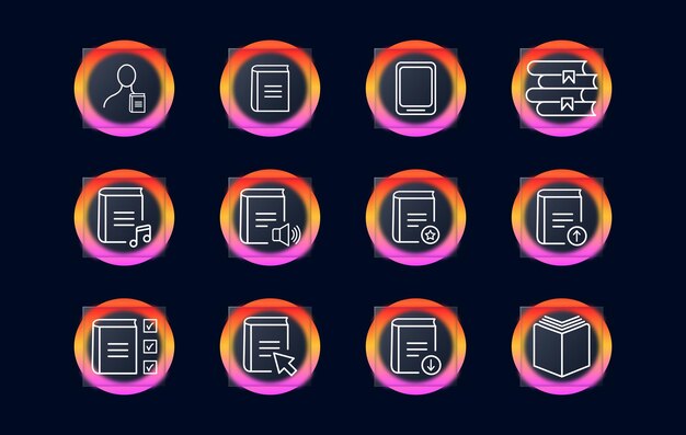 Icono de conjunto de libros Marcadores de pila de conocimiento marcas de verificación hombre electrónico estrella educación audiolibro nota volumen cursor descargar Concepto de aprendizaje Estilo de morfismo de cristal Icono de línea vectorial