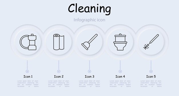 El icono del conjunto de limpieza Infográfico neomorfismo pintura en aerosol esponja émbolo cepillo rollo de inodoro de papel bañera de basura barrido máquina de lavar limpio barrido concepto de fregado