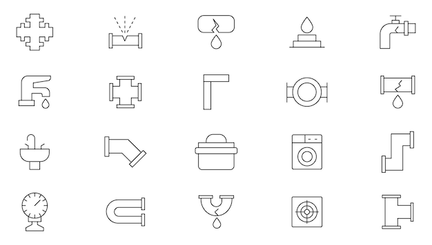 El icono del conjunto de líneas de plomería y calefacción, los servicios públicos, el gas, el agua, la plomería, la ventilación, el contorno del icono