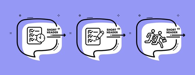 Icono de conjunto de lista de tareas Lista de lápiz de reloj de casilla de verificación de horario de trabajo Concepto de gestión de tiempo Línea de tiempo de infografía con iconos y 3 pasos Icono de línea de vector para negocios y publicidad