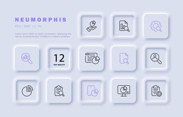 Icono de conjunto de lupa Configuración de análisis de datos gráficos de búsqueda logística portapapeles infografías tablas de engranajes columnas Estilo de neomorfismo Icono de línea vectorial para negocios y publicidad