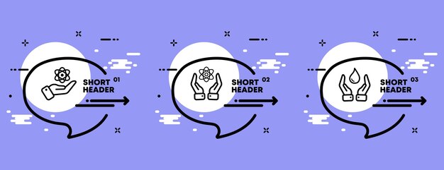 Icono de conjunto de manos Manos con un átomo y con una gota H2O Brazo puño Mitt concepto Infografía línea de tiempo con iconos y 3 pasos Icono de línea vectorial para Negocios y Publicidad