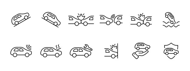 Icono de conjunto de máquina Elevar y bajar la cabeza del coche en caso de colisión detención oportuna accidente El coche se hunde se sobrecalienta choca contra un obstáculo reparación del coche Protección de transporte Icono de línea vectorial